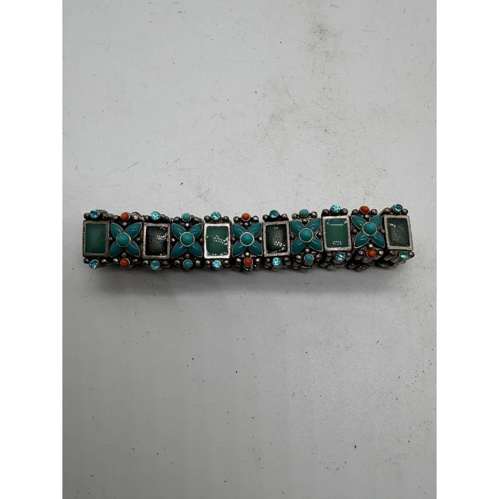 Vintage Southwestern Style Stretch Bracelet Turquoise Teal Enamel & Coral Accent